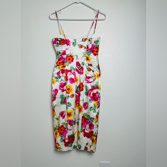 David Meister Satin Floral Spaghetti Strap Bodycon Rusched Mini Dress Size 2 - Picture 2 of 7